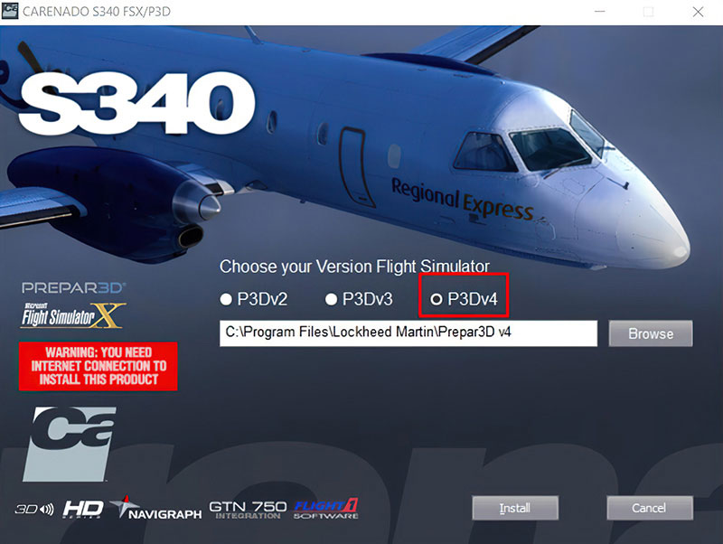 Screenshot showing Carenado P3Dv4 installer being used in v5.